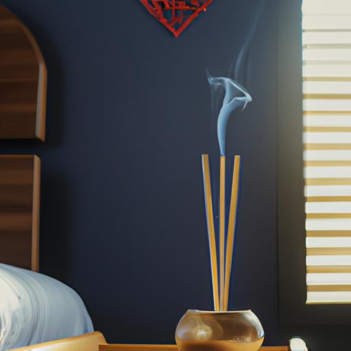 Hình ảnh căn phòng ngủ yên bình với một cây nhang "gỗ xông khói" đang cháy trong đĩa nhang.