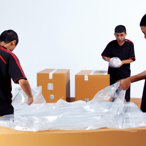 Nhóm công nhân đóng gói hàng hóa dễ vỡ với vật liệu đệm để vận chuyển thả.